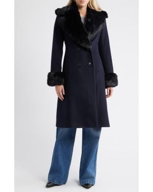 Via Spiga Double Breasted Wool Blend Coat With Faux Fur Trim - Blue