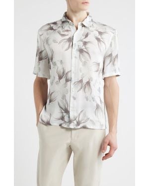 Open Edit Oversize Floral Short Sleeve Button-Up Shirt - White