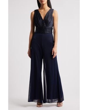 Connected Apparel Metallic Plissé Mixed Media Wide Leg Jumpsuit - Blue