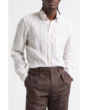 J. Mueser Regular Fit Stripe Linen Button-Down Shirt - White