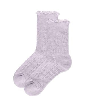 Memoi Heart Ruffle Cuff Cotton Blend Pointelle Crew Socks - Purple