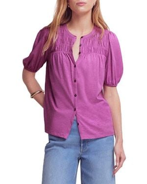 Boden Mya Smocked Short Sleeve Button-Up Shirt - Purple