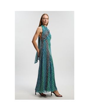 Karen Millen Polka Dot Halter Pleated Maxi Dress - Blue