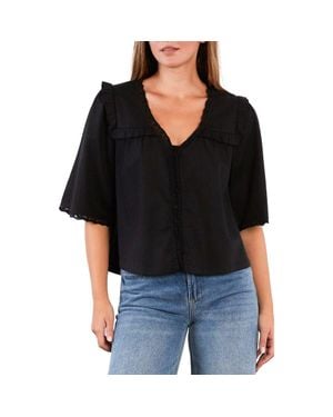 Billy T Juliet Lace & Ruffle Cotton Blend Top - Black