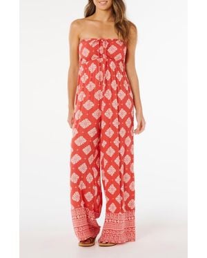 Rip Curl Ventura Smocked Strapless Wide Leg Jumpsuit - Red