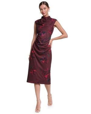 Halston Sleeveless Floral Printed Midi Dress - Red