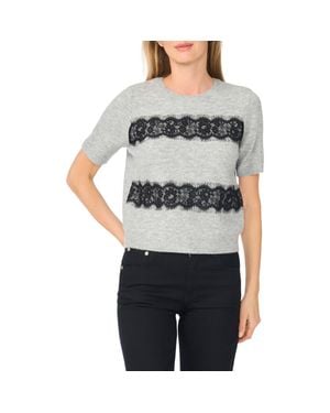 Cece Lace Stripe Short Sleeve Sweater - Gray