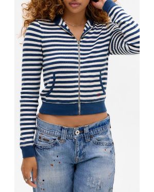 BDG Stripe Waffle Stitch Crop Zip Hoodie - Blue