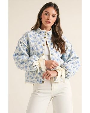 Modenaire Floral Quilted Jacket With Puff Sleeves And Satin Bow Cuffs - Multicolor
