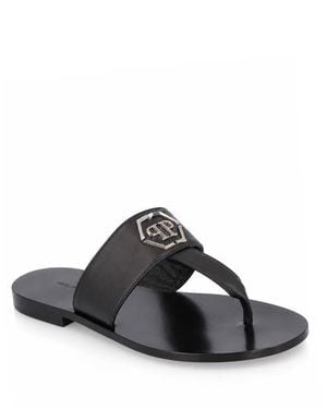 Philipp Plein Leather Flat Sandals Hexagon - Black