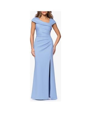 Xscape Evenings Asymmetric Neck Scuba Knit Trumpet Gown - Blue