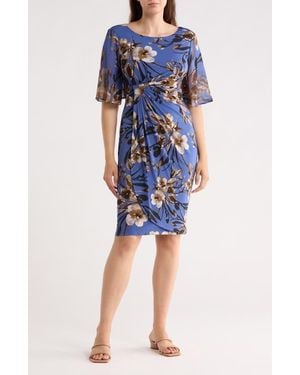 Connected Apparel Floral Side Ruched Faux Wrap Dress - Blue