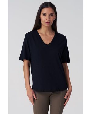 Franne Golde Slub Jersey V-Neck Elbow Sleeve Tee - Black