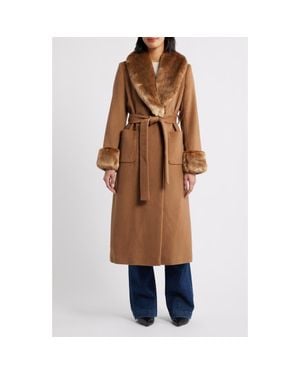 Via Spiga Wool Blend Coat With Faux Fur Trim - Brown