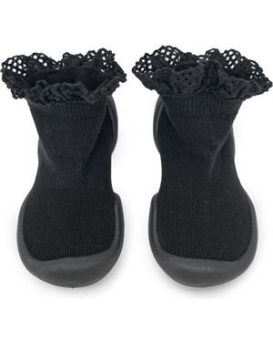 Komuello Toddler Girl Sock Shoes Lace Trim - Black