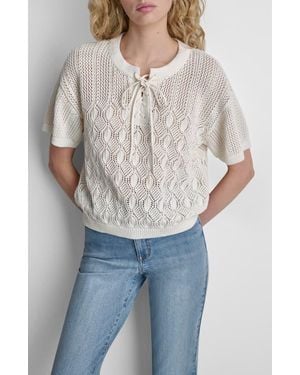 DKNY Lace-Up Placket Short Sleeve Semisheer Cotton Blend Pointelle Sweater - White