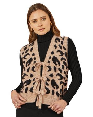 Yumi' Knitted Cheetah Print Tie Waistcoat - Black