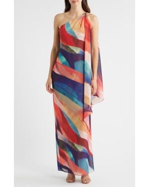 Vince Camuto Abstract Stripe One-Shoulder Chiffon Gown - Red