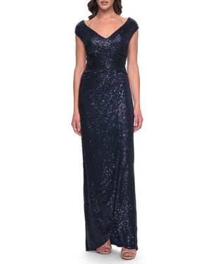 La Femme Sequin Evening Dress With Ruching And V Neckline - Blue
