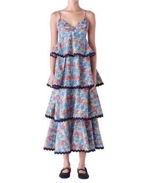 English Factory Grid Print Tiered Maxi Dress - Blue