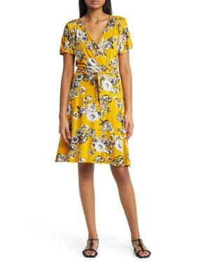 Loveappella Floral Faux Wrap Knit Dress - Yellow
