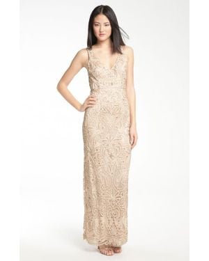 Sue Wong V-Neck Embroidery & Bead Overlay Gown - Natural