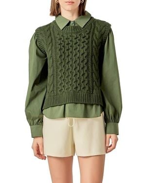 English Factory Mixed Media Cable Stitch Sweater - Green