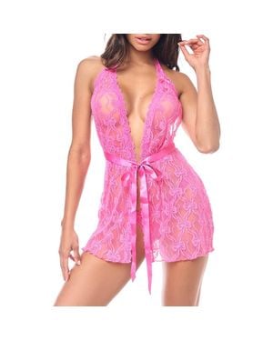 MAPALE Bow Lace Babydoll Chemise & Thong Set - Pink
