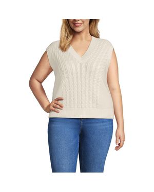 Lands' End Plus Size Drifter Modern Cable V Neck Vest Sweater - White
