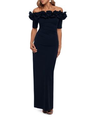 Xscape Evenings Ruffle Off The Shoulder Crepe Column Gown - Blue