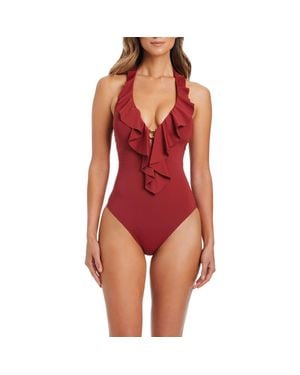Rod Beattie Ruffled Plunge Neck Halter One-Piece Swimsuit - Red