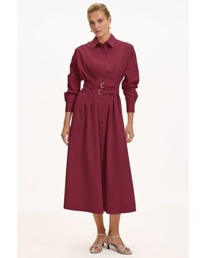 Exquise Belted Fitted Waist Midi Shirt Dress - Red