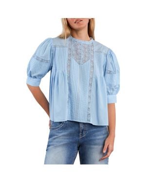 Wash Lab Denim Charmalace Pintuck Lace Inset Cotton Blend Top - Blue