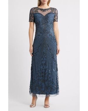 Pisarro Nights Illusion Beaded Mesh Column Gown - Blue