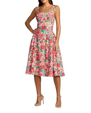 Mac Duggal Crepe Floral Square Neck Sleeveless Midi Dress - Red