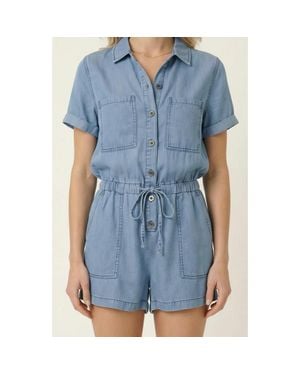 Modenaire Utility Button-Up Denim Romper With Pockets And Drawstring Waist - Blue