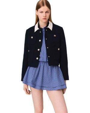 Maje Cropped Tweed Jacket With Removable Collar - Blue