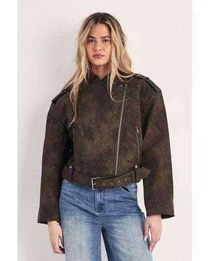 Nasty Gal Cropped Biker Jacket - Blue