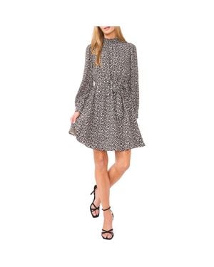 Halogen® Flower Print Long Sleeve Smock Neck Dress - Gray