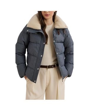 Ralph Lauren Chambray Puffer Jacket With Faux Shearling Collar - Gray