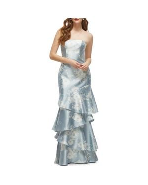 Dessy Collection Floral Ruffle Strapless Tiered Satin Twill Gown - Blue