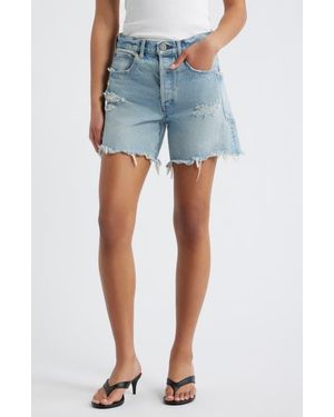 Moussy Mckendree High Waist Ripped & Repaired Denim Cutoff Shorts - Blue