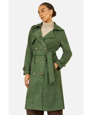 Yumi' Faux Suede Trench Coat - Green