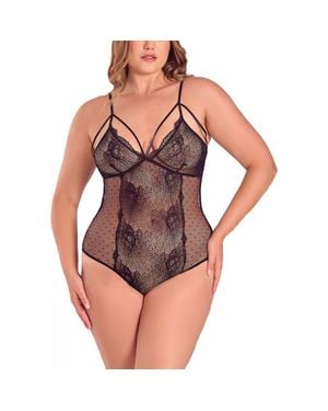 iCollection Strappy Floral Lace & Dotted Mesh Bodysuit - Black