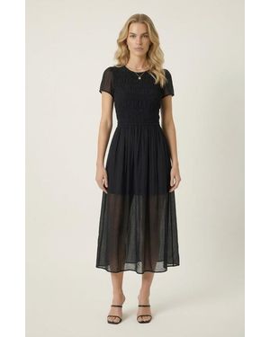 Modenaire Sheer Overlay Midi Dress With Smocked Bodice - Black