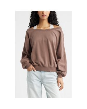 BP. Lace Trim Off The Shoulder Cotton Blend Sweatshirt - Brown