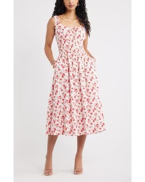 Open Edit Smocked Waist Midi Dress - Red