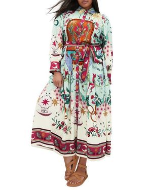 City Chic Ezra Mixed Print Long Sleeve Maxi Shirtdress - White