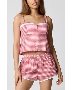 Florence By Mills Lace Trim Gingham Crop Stretch Cotton Camisole - Red