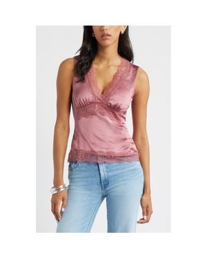 Open Edit Lace Trim Satin Tank - Red
